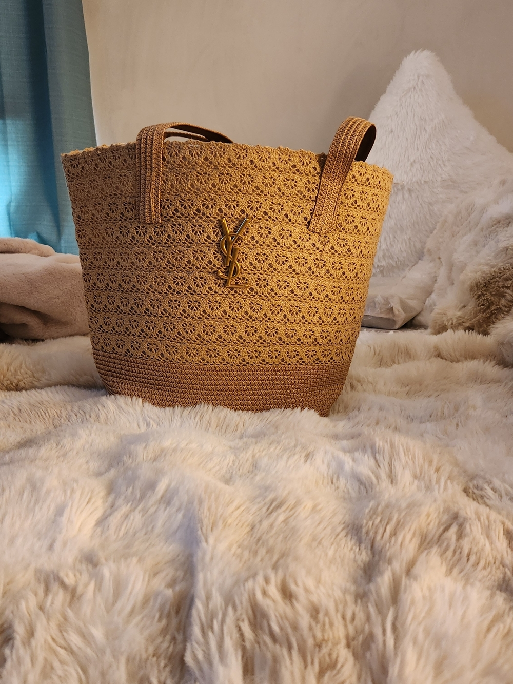 Inspired YSL Woven Straw Tote in Tan with Gold YSL Logo